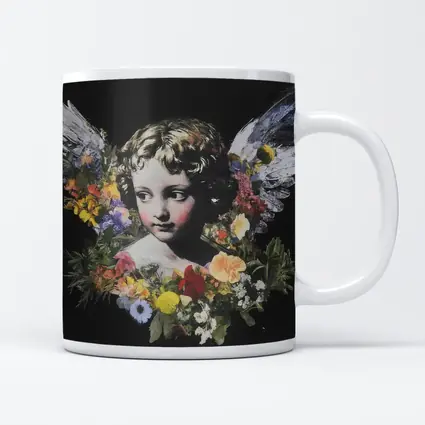 Angel Cherub Floral Wreath Black Background