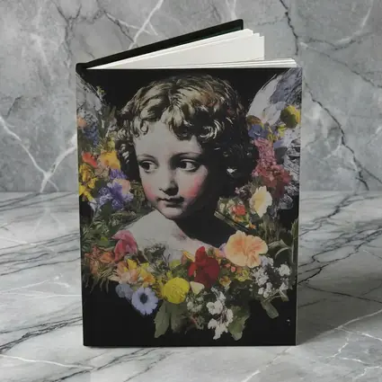 Angel Cherub Floral Wreath Black Background