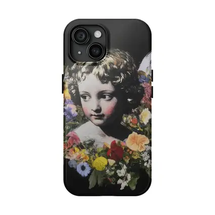 Angel Cherub Floral Wreath Black Background