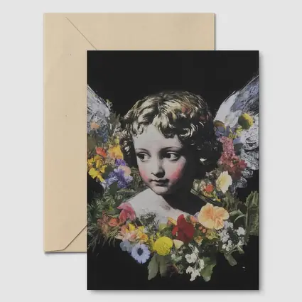Angel Cherub Floral Wreath Black Background