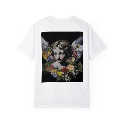 Angel Cherub Floral Wreath Black Background