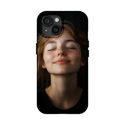 Young Woman Smiling Eyes Closed Dark Background