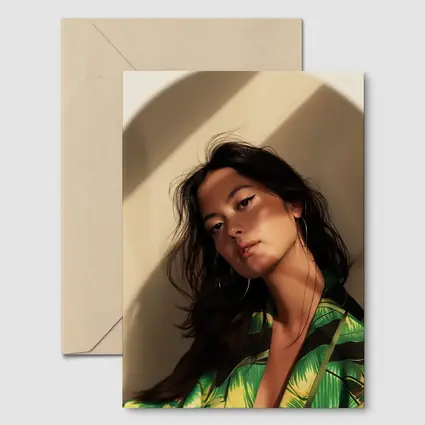 Young Woman Green Tropical Shirt Warm Light