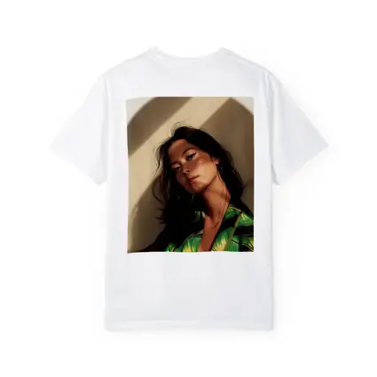 Young Woman Green Tropical Shirt Warm Light