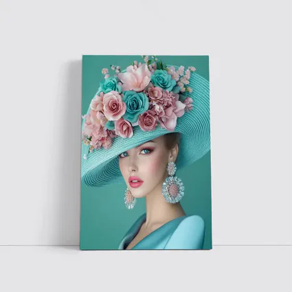 Elegant Woman Floral Hat Teal Background