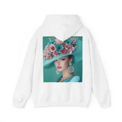 Elegant Woman Floral Hat Teal Background