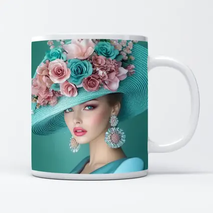 Elegant Woman Floral Hat Teal Background