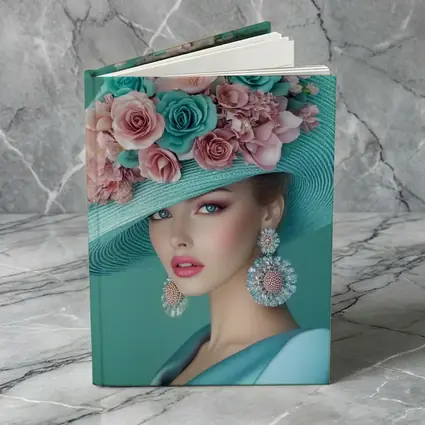 Elegant Woman Floral Hat Teal Background