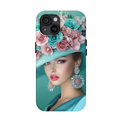 Elegant Woman Floral Hat Teal Background