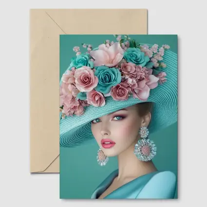 Elegant Woman Floral Hat Teal Background