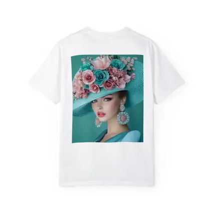 Elegant Woman Floral Hat Teal Background