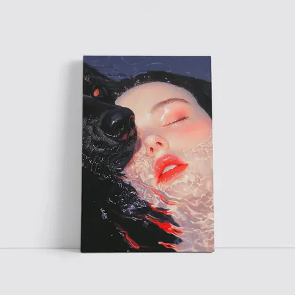Woman and Black Wolf in Water