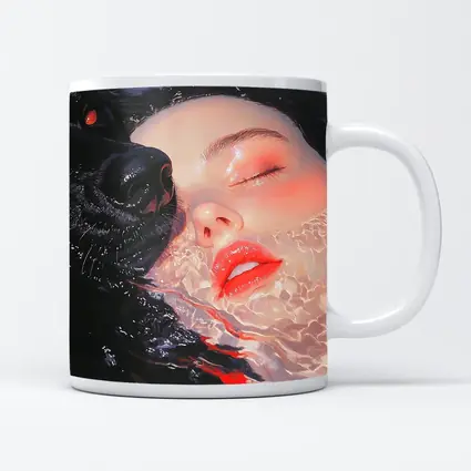 Woman and Black Wolf in Water