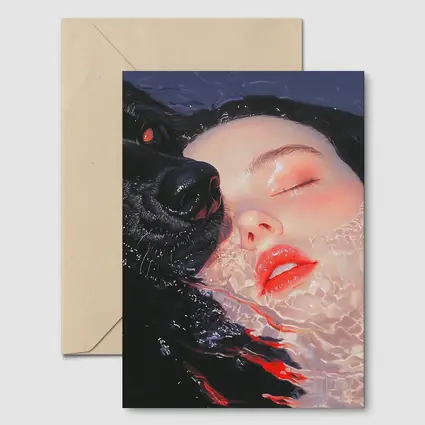 Woman and Black Wolf in Water