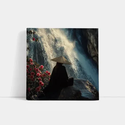 Cloaked Figure Meditating Before Waterfall Flowers
