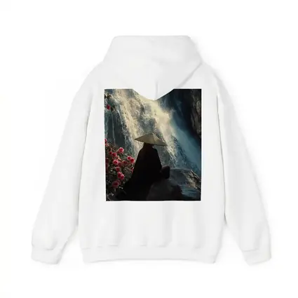 Cloaked Figure Meditating Before Waterfall Flowers