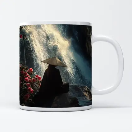 Cloaked Figure Meditating Before Waterfall Flowers