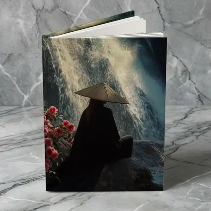 Cloaked Figure Meditating Before Waterfall Flowers