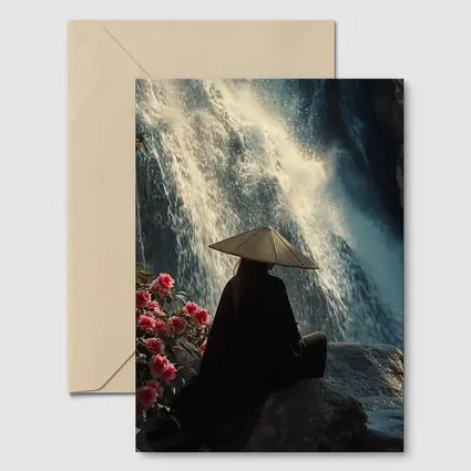 Cloaked Figure Meditating Before Waterfall Flowers