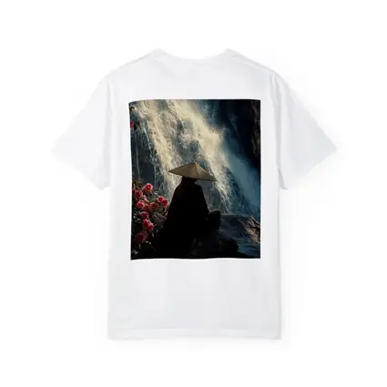 Cloaked Figure Meditating Before Waterfall Flowers