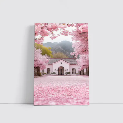 Cherry Blossom Trees Pink Cottage Mountain Scene