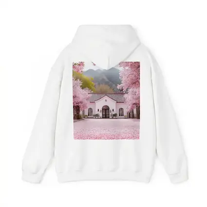 Cherry Blossom Trees Pink Cottage Mountain Scene
