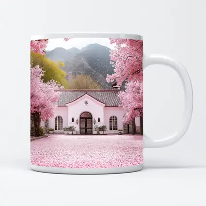 Cherry Blossom Trees Pink Cottage Mountain Scene