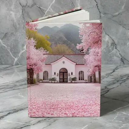 Cherry Blossom Trees Pink Cottage Mountain Scene