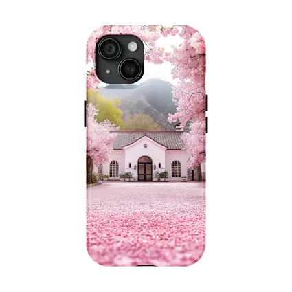 Cherry Blossom Trees Pink Cottage Mountain Scene