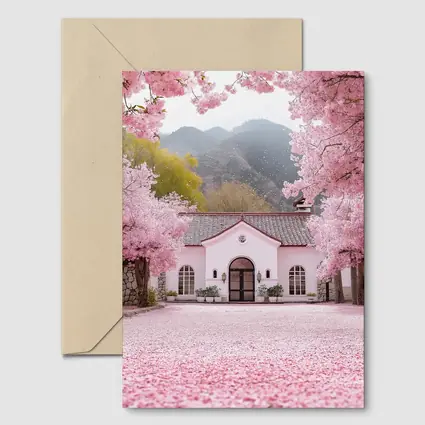 Cherry Blossom Trees Pink Cottage Mountain Scene