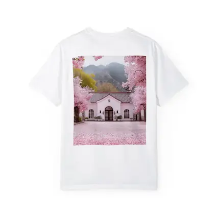 Cherry Blossom Trees Pink Cottage Mountain Scene