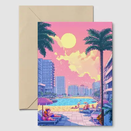 Pixel Art Miami Beach Pool Sunset Scene