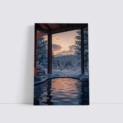 Indoor Hot Spring Pool Snowy Forest Sunset