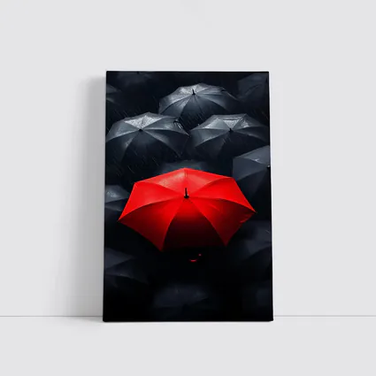 Red Umbrella Standing Out Among Black Umbrellas