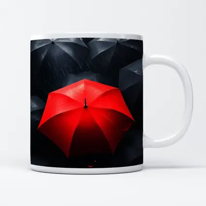 Red Umbrella Standing Out Among Black Umbrellas