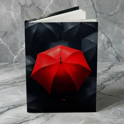 Red Umbrella Standing Out Among Black Umbrellas