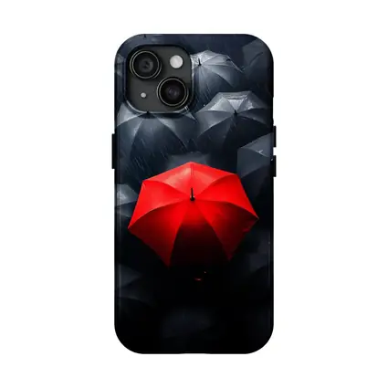 Red Umbrella Standing Out Among Black Umbrellas