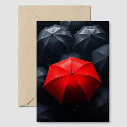 Red Umbrella Standing Out Among Black Umbrellas