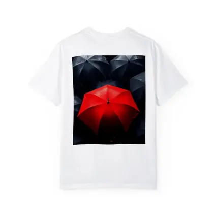 Red Umbrella Standing Out Among Black Umbrellas