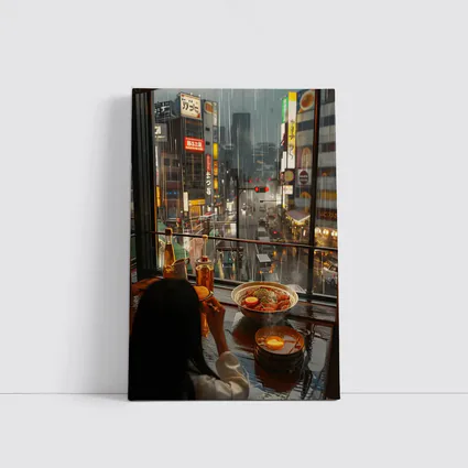 Woman Eating Ramen Rainy Tokyo Street