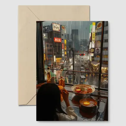 Woman Eating Ramen Rainy Tokyo Street