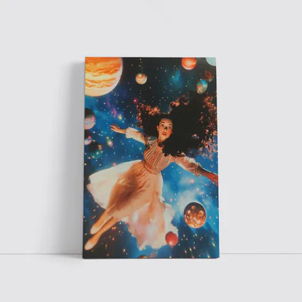 Woman Floating Among Planets Deep Space