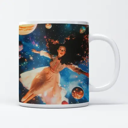 Woman Floating Among Planets Deep Space