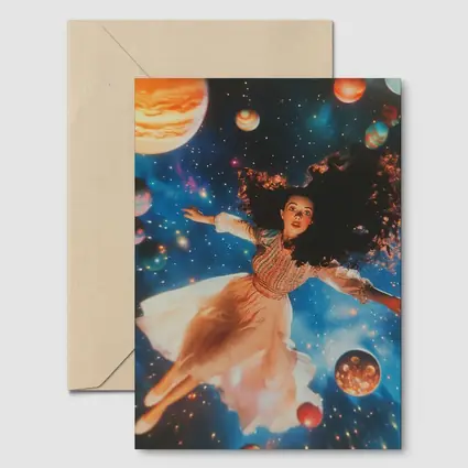 Woman Floating Among Planets Deep Space