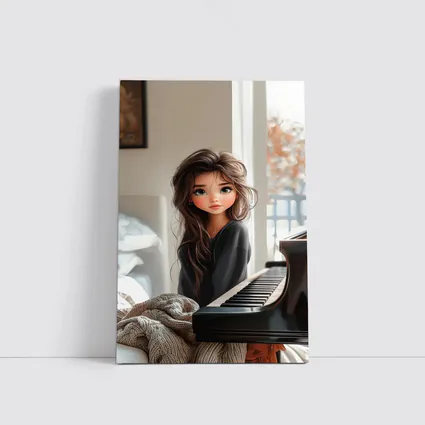 Cartoon Girl Sitting By Grand Piano