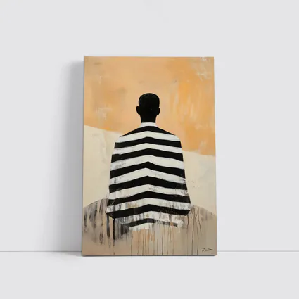 Striped Figure Back View Beige Abstract Painting