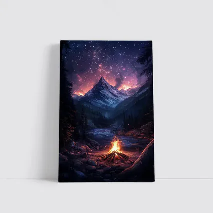 Campfire Mountain Night Starry Sky Forest