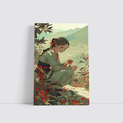 Chinese Girl Picking Flowers Mountain Landscape Art