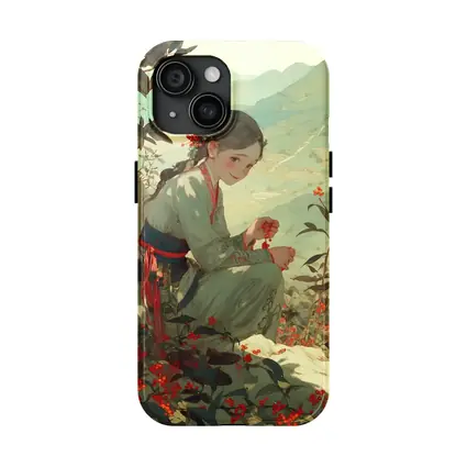 Chinese Girl Picking Flowers Mountain Landscape Art