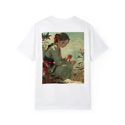 Chinese Girl Picking Flowers Mountain Landscape Art